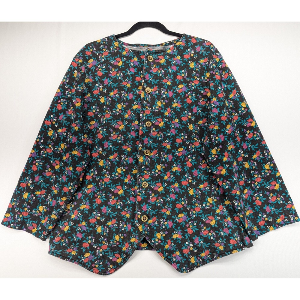 Vintage Style Floral Button Front Jacket Black Multi Pointed Hem Long Sleeve